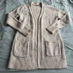 LOFT white speckled funfeti mid length open front cardigan size medium